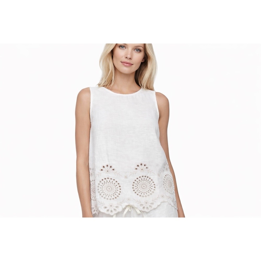 Charlie B Ivory Eyelet Tank Top Embroidered Floral 100% Linen India Cottage Sz L